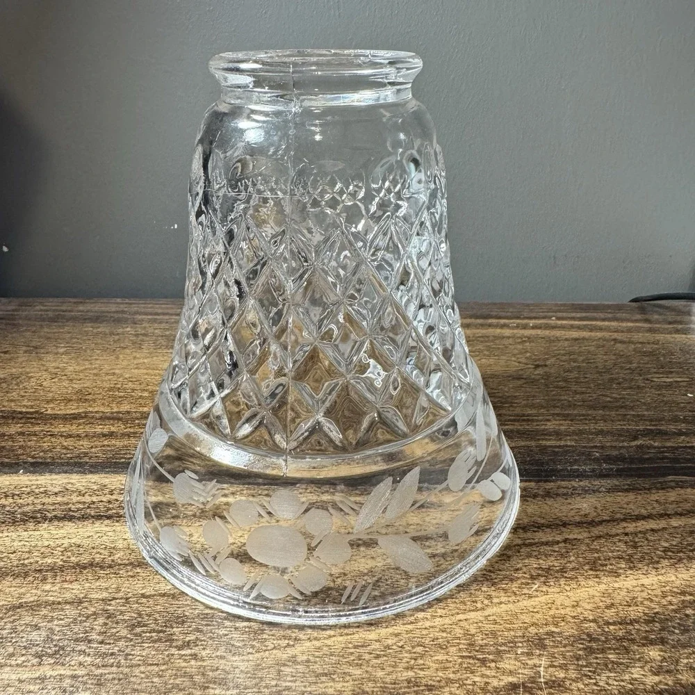 Vintage Cottagecore Country Clear Glass Lamp‎ Shade Diamonds Etched Floral